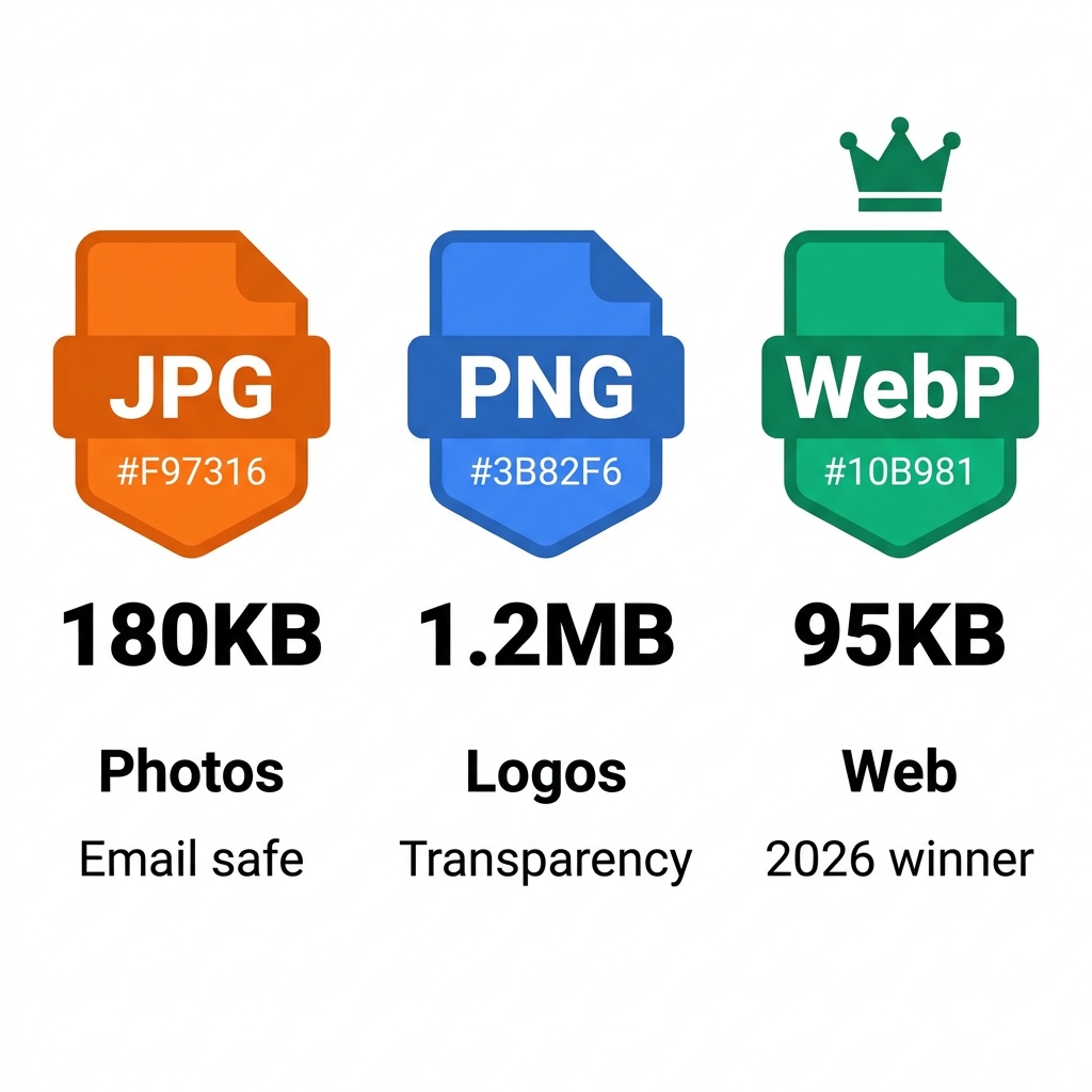 JPG vs PNG vs WebP: Real File Sizes Tested (2026)